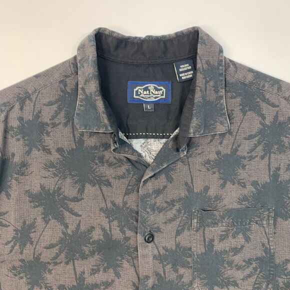 Nat Nast Shirt Mens L Large Brown Black Silk Blend Button Up Palm Tree Hawaiian - Picture 3 of 9
